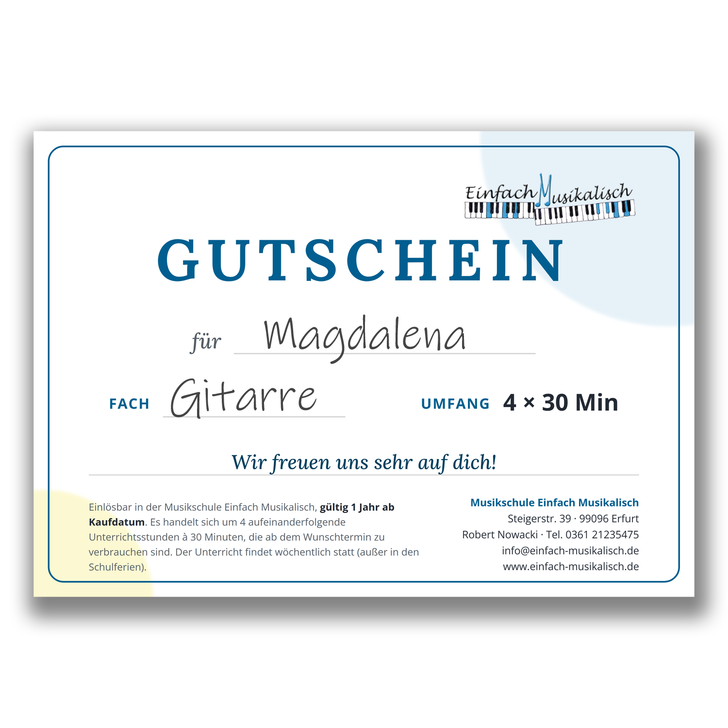 Gutschein für Musikunterricht 4x30min