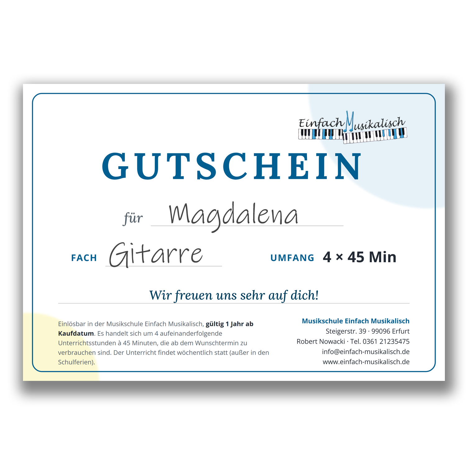 Gutschein für Gitarrenunterricht 4x45min