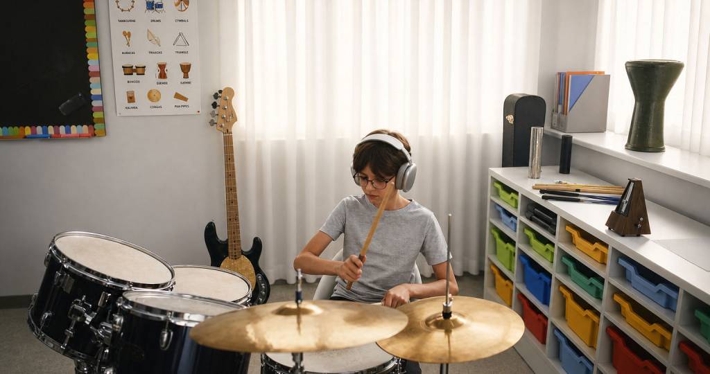 Junge mit Kopfhörern spielt Schlagzeug in einer Musikschule, konzentriert beim Üben.
